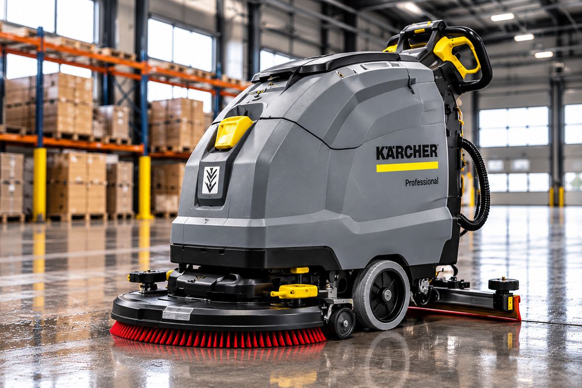 Kärcher-Bodenschrubbmaschine auf dem Hallenboden eines Lagers
