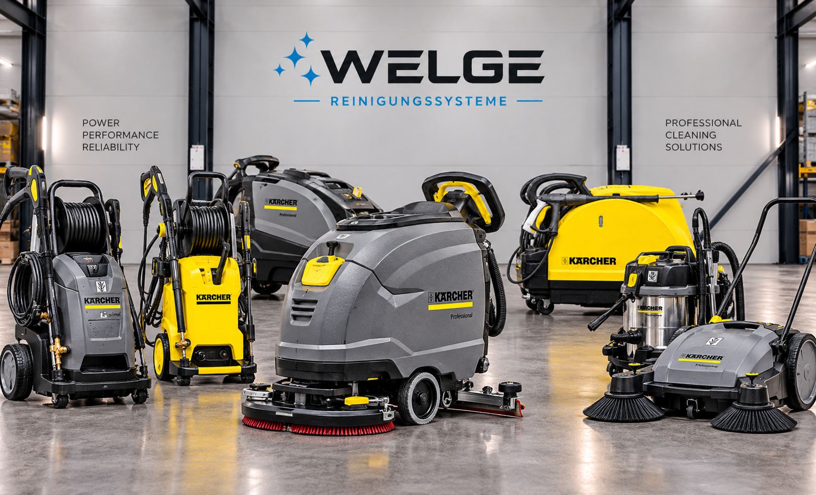 Professionelle Kärcher-Reinigungsgeräte von Welge Reinigungssysteme: Hochdruckreiniger, Bodenschrubbmaschine, Nass- und Trockensauger und Kehrmaschine in einer Halle